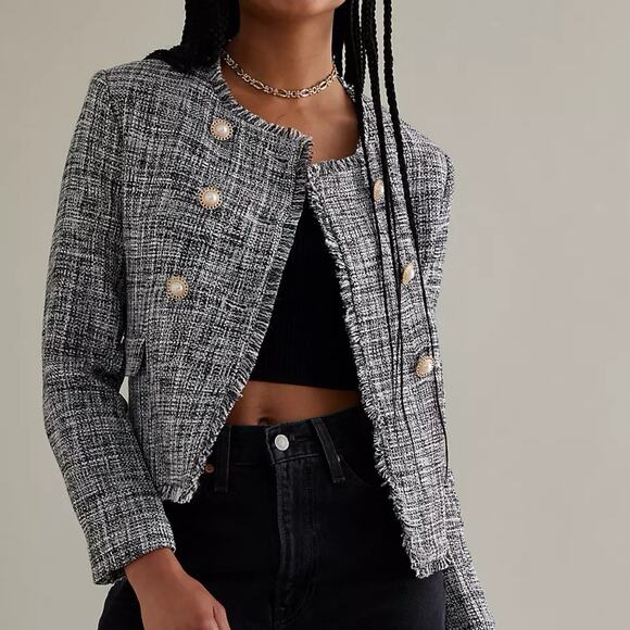 Anthropologie sz 4 Tweed Double-Breasted Black/White Pearl Button Blazer Jacket - Picture 2 of 9